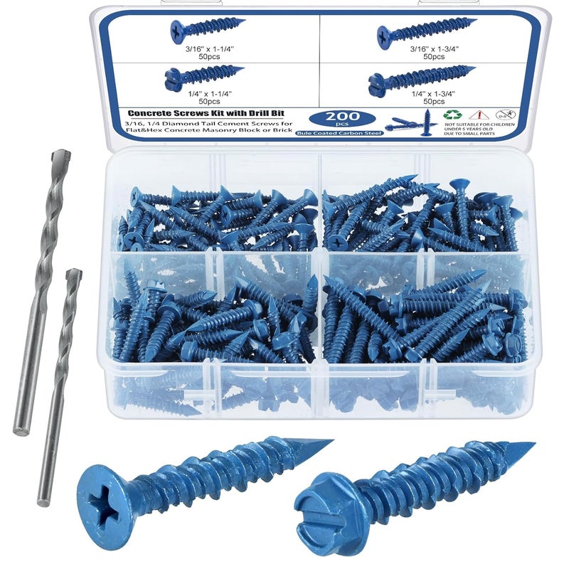 SATANTECH Concrete Screws with Drill Bit, 200Pcs Concrete Screw 1/4 3/16 Assortment Kit, Flat & Hex Head Masonry Block Brick Cement Screws and Anchors, No Pre Drilling, Diamond Point - Image 1